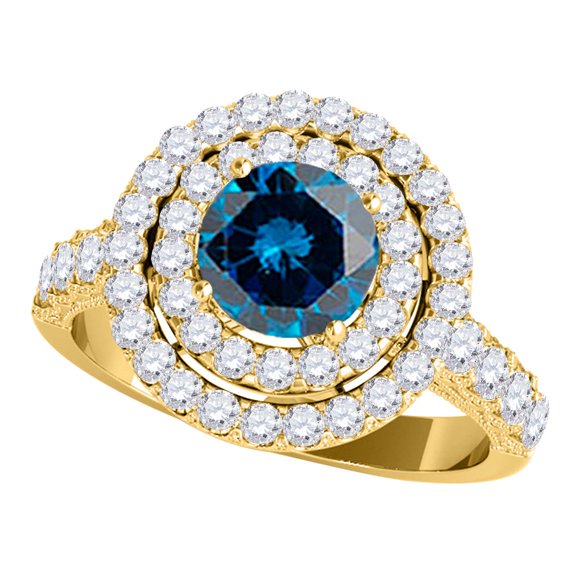 Aonejewelry 2 Ct. Ttw Halo Blue Diamond Engagement Wedding Ring In 14k Solid Yellow Gold