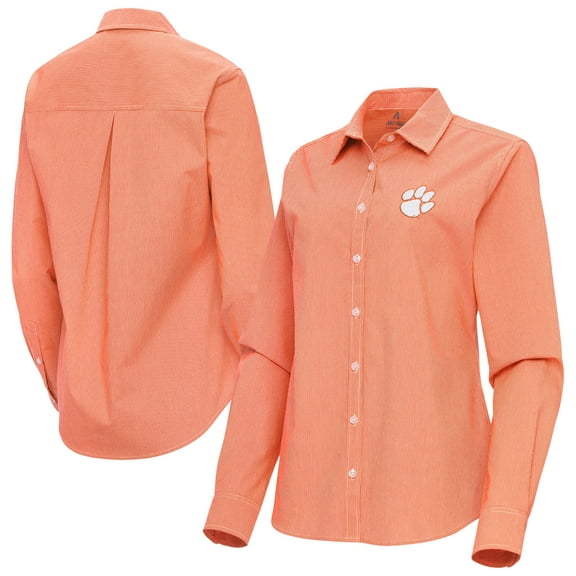 Women's Antigua Orange Clemson Tigers Porter Woven Tri-Blend Long Sleeve Button-Up Shirt