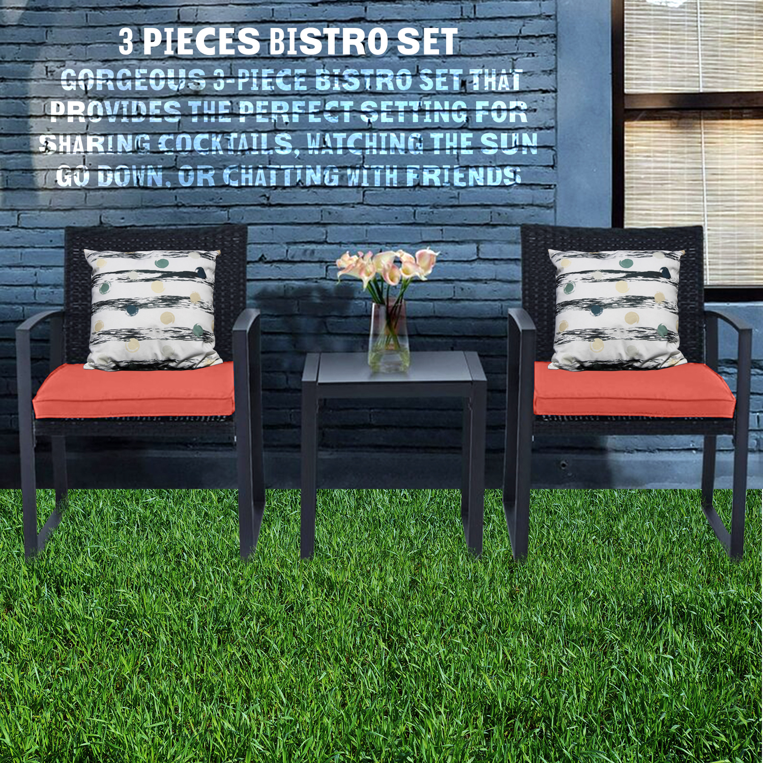 PyramidHomeDecor Black Wicker Furniture - 3 Piece Bistro Set for Outdoor Conversation - 2 Cushioned Rattan Chairs with Glass Coffee Table for Patio, Lawn, Porch, Lounge, Deck, Balcony & Living Room - image 5 of 7