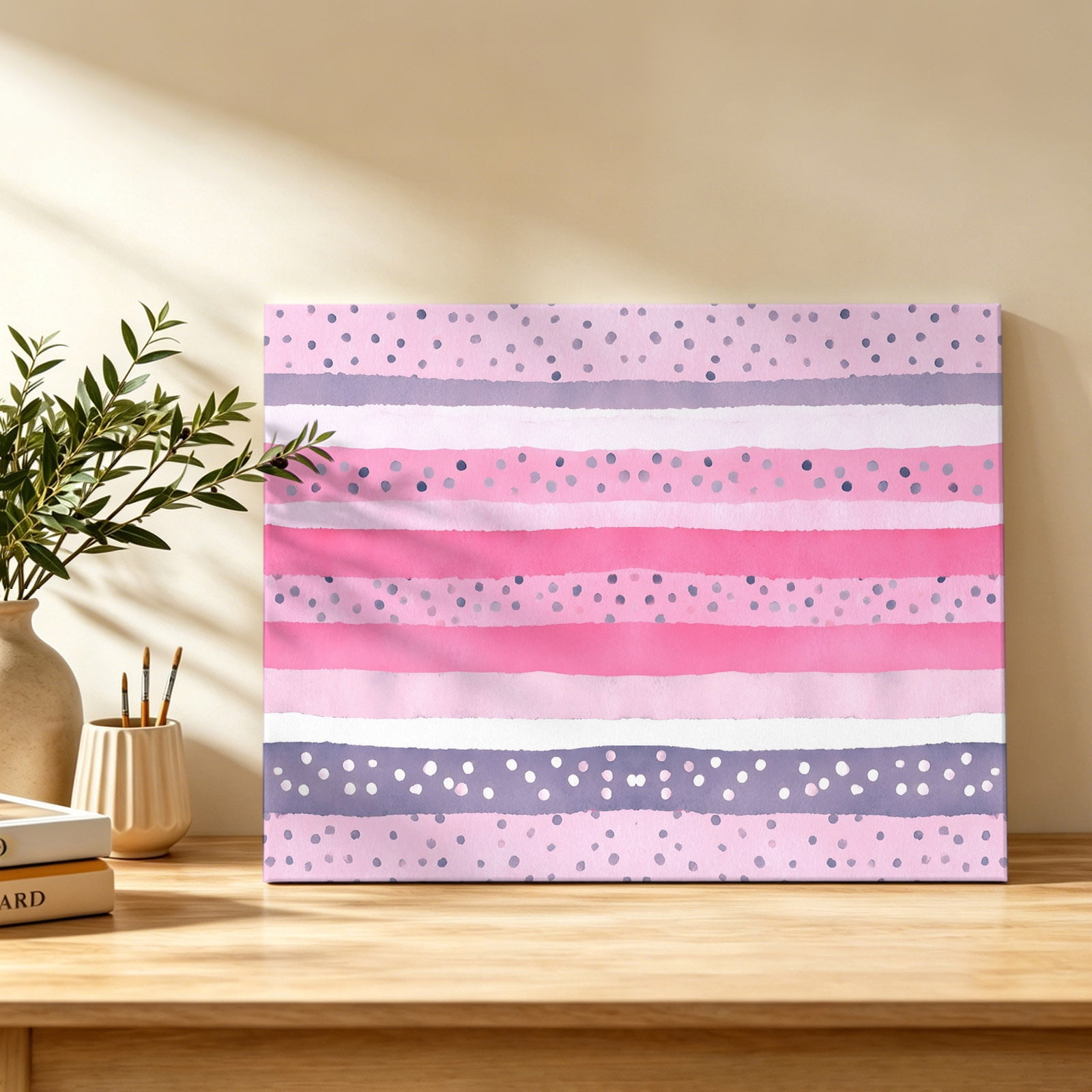 Polka Dots Canvas Wall Art Modern Abstract Pink Purple Stripes Wall Art Prints Artwork Framed Canvas Ready to Hang Art Pictures for Dining Room Bedroom Study Lounge Nook 18 x 12