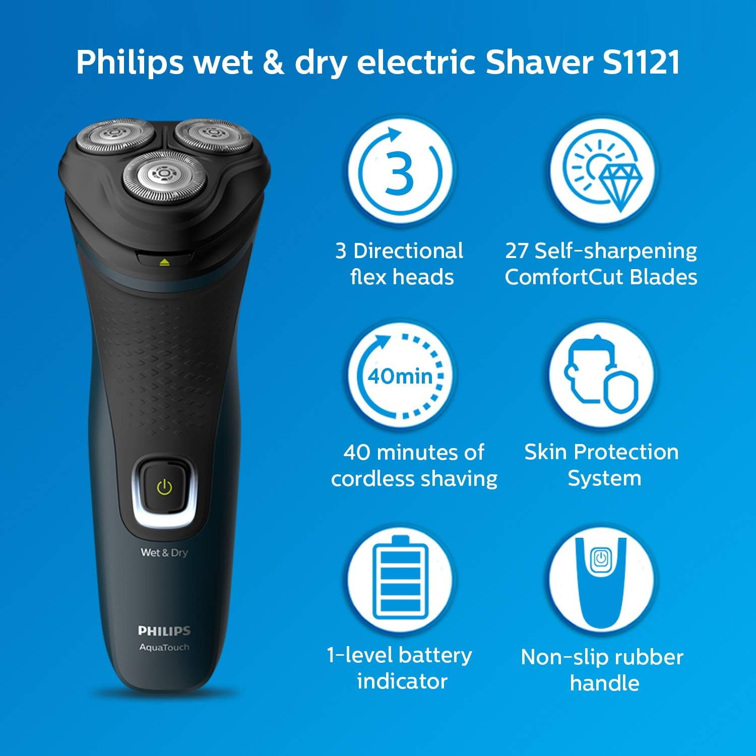 Philips Cordless Electric Shaver, 3D Pivot & Flex Heads, 27 Comfort Cut Blades, up to 40 Min of Shaving