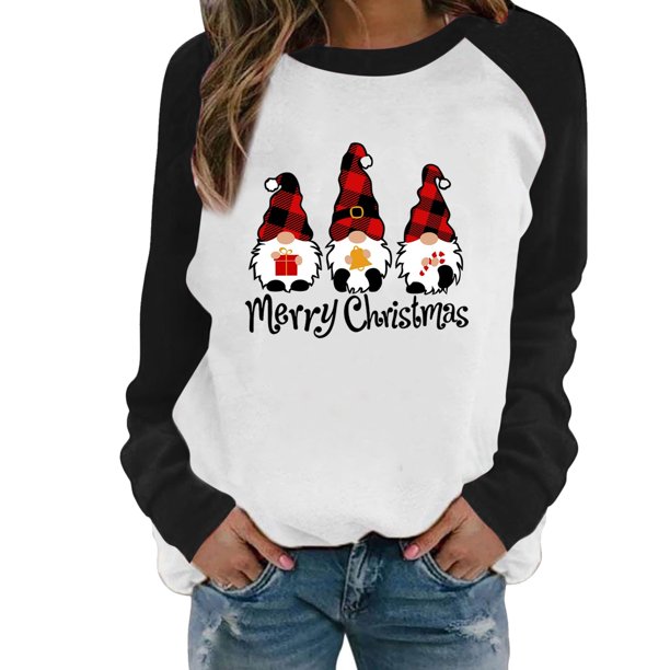Gibobby Divertidas Sudaderas Blusa informal de manga larga con cuello Rojoondo y estampado de letras para mujer de Navidad (Negro, XL)