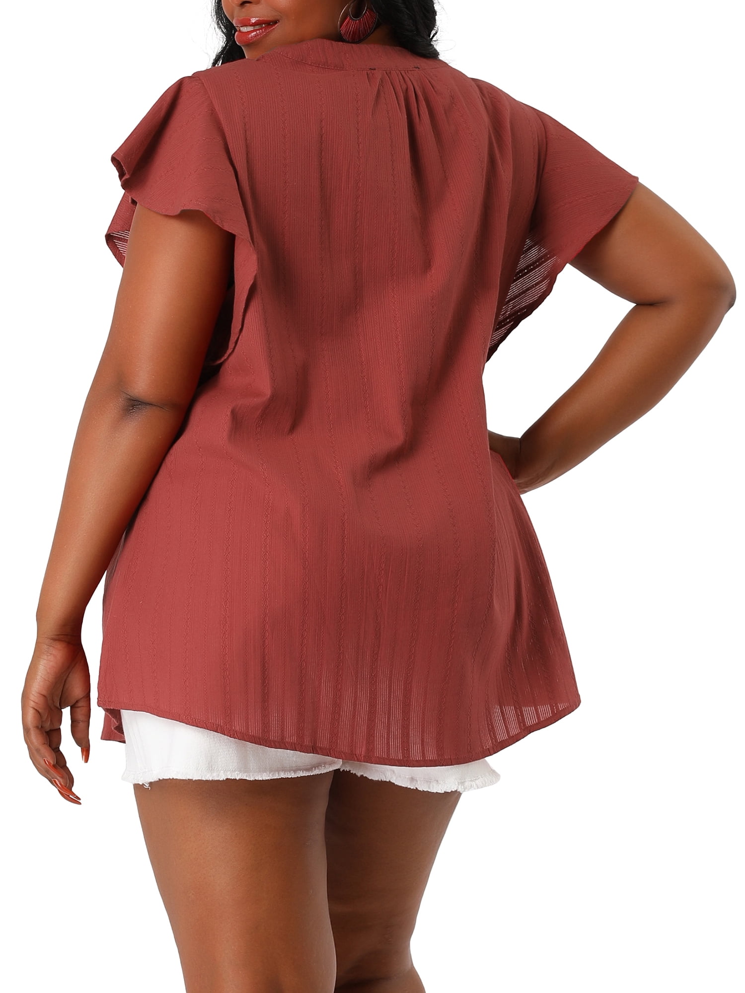 Unique Bargains Juniors' Plus Size Flutter Sleeve Drawstring Flowy Split V Neck Tunic Top Brick Red 1X