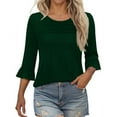 thumbnail image 2 of Womens 3/4 Sleeve Tops and Blouses Fashion Pleated Top Solid Color Crew Neck Shirts Ruffle Flare Sleeve Top, 2 of 6
