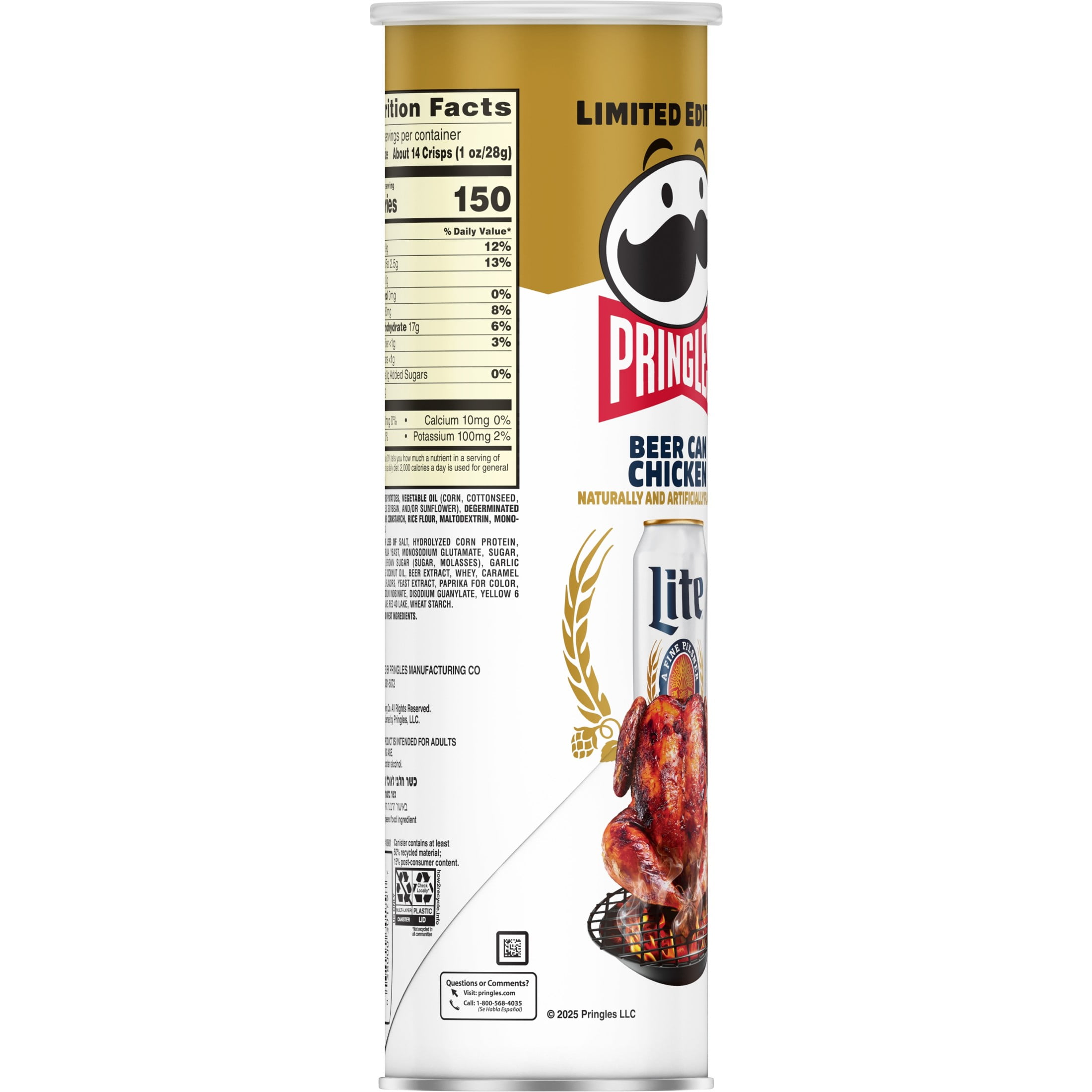Pringles Miller Lite Beer Can Chicken Potato Crisps Chips, Lunch Snacks, 5.5 oz Canister
