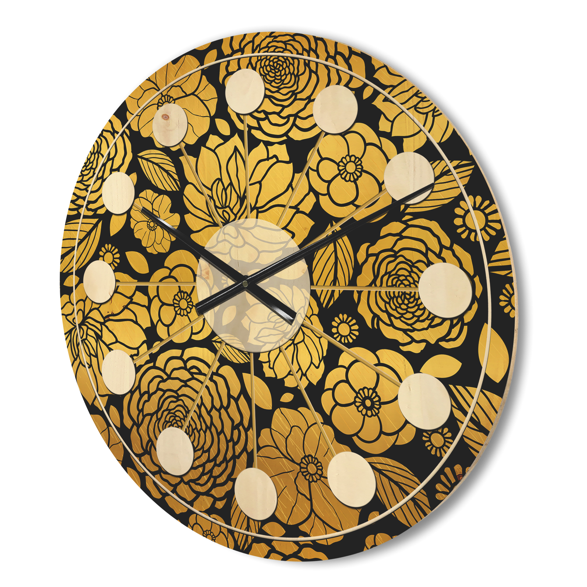 Designart 'Golden Floral Retro II' Mid-Century Modern Wood Wall Clock