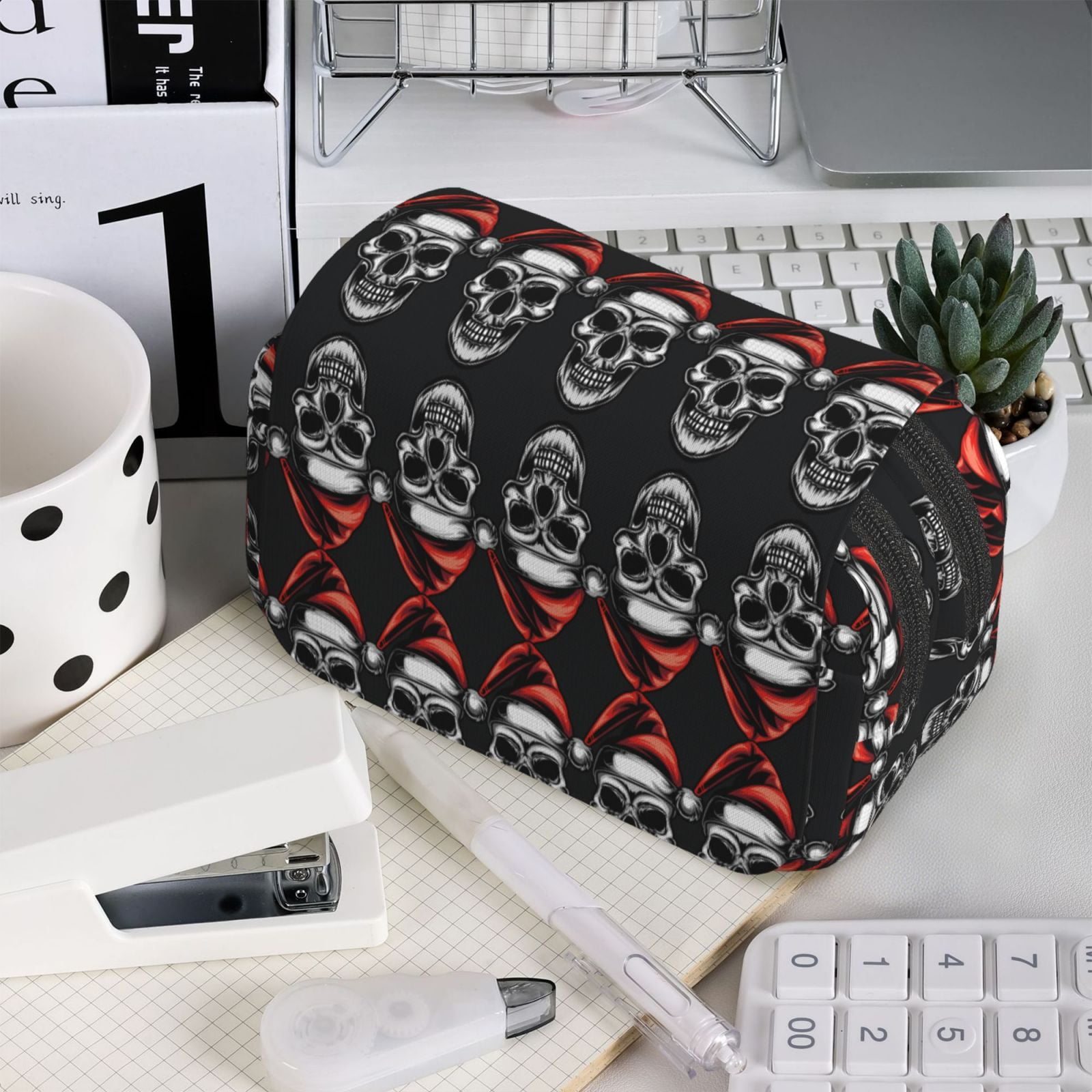 Rateoe Skull santa hat Pattern Double Clamshell Pen Case, Storage Organizer with Two Zipper Compartments– Holds Up to 50 Pencils & Pens