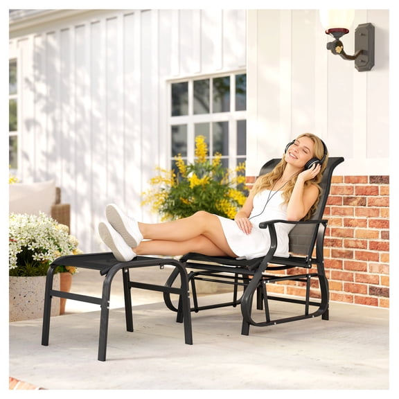 Outdoor Glider Chair with Ottoman Set, Patio Glider Rocker with High Back, Wide Seat for Porch, Garden, Backyard, Black