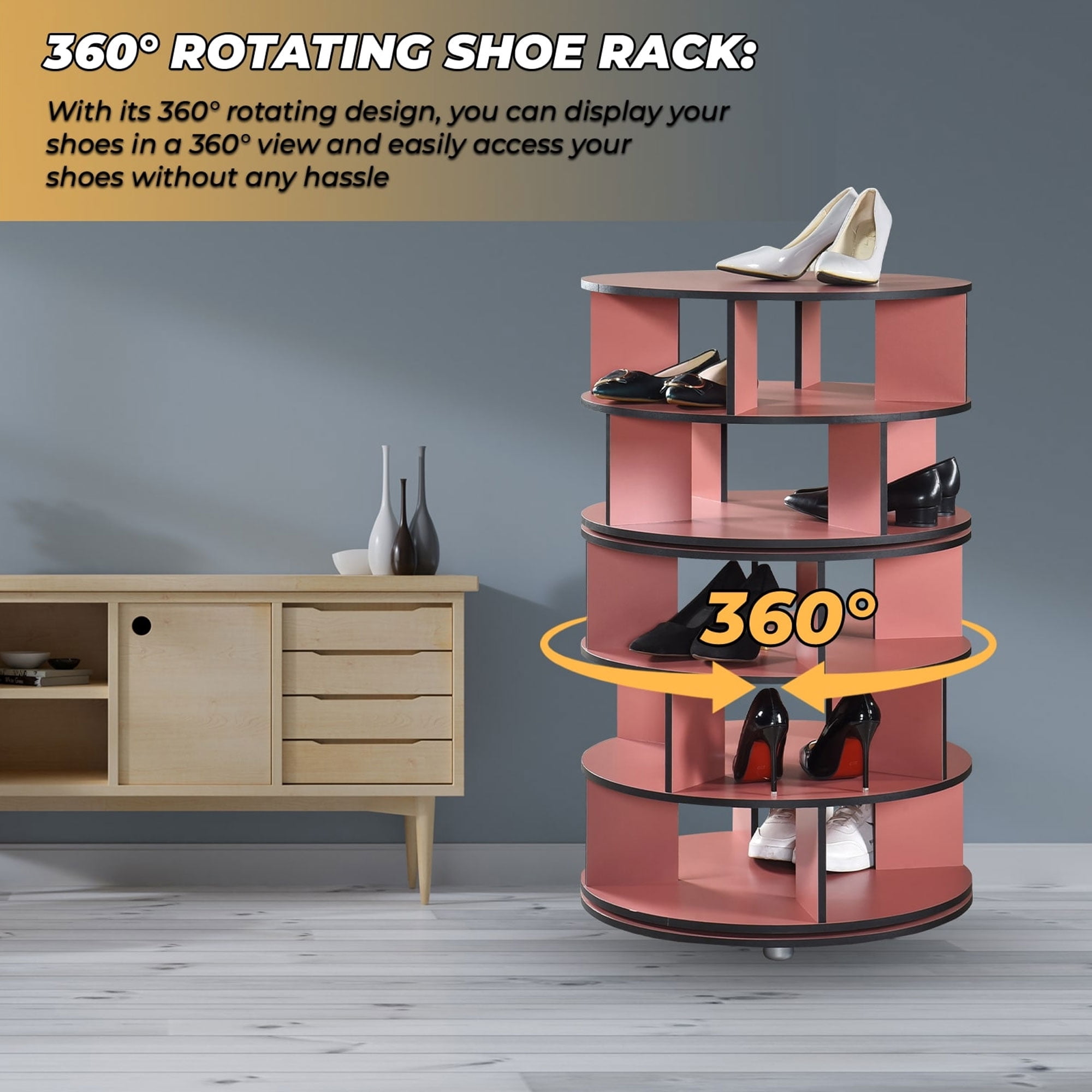 Kings Brand Furniture Revolving Shoe Rack, Spinning Shoe Rack Tower, 360° Revolving Shoe Storage Organizer for Closet Entryway Bedroom Hallway (Red, 5-Tier)