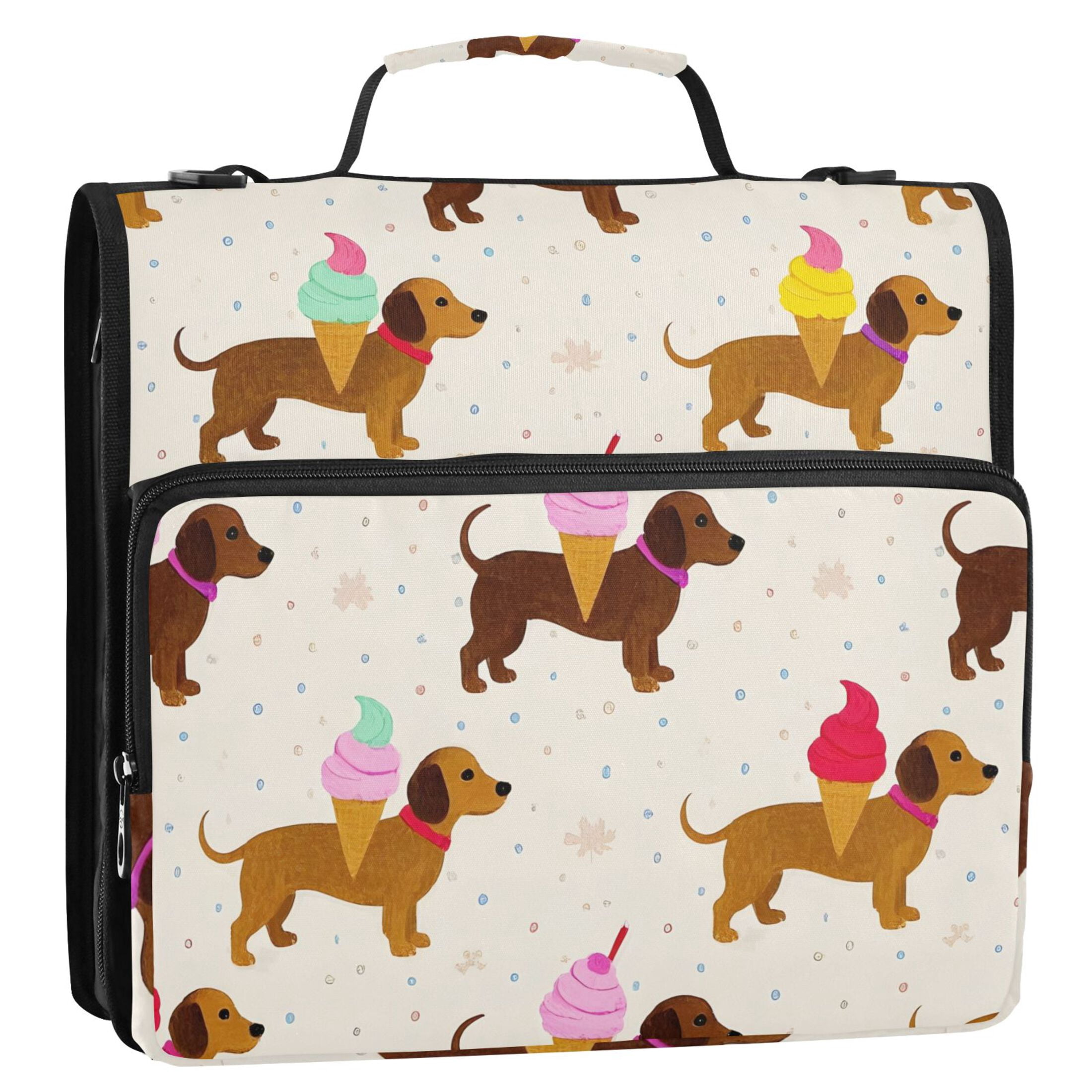 3 Ring Zipper Binder with Shoulder Strap Waterproof Trapper Keeper 2 Inch D-Ring 500 Sheets Capacity Dachshund with Ice Cream