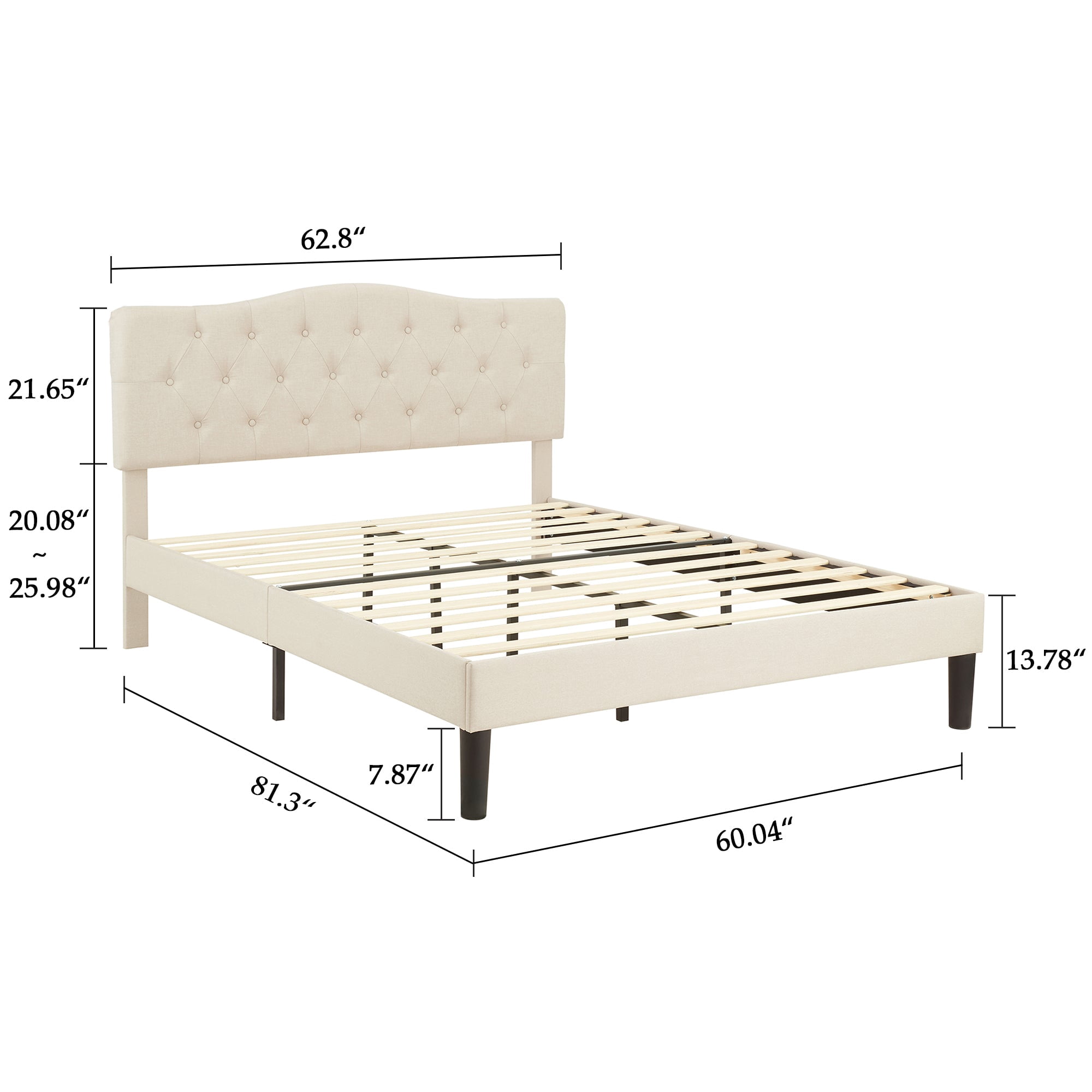 VECELO Queen Upholstered Platform Bed Frame with Diamond Tufted Adjustable Headboard, Wooden Slats Support, No Box Spring Needed, Beige