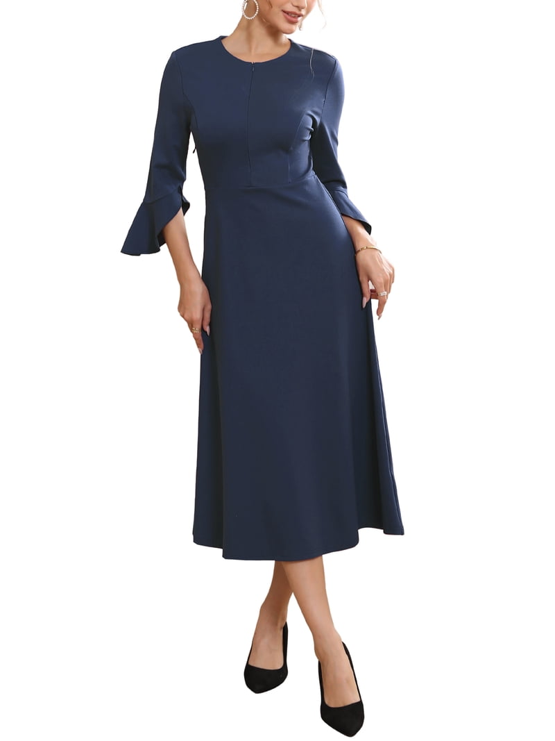 Inspire Chic Women's Formal Dress Zipper Front Bell Sleeves Business Office Midi A-Line Dresses L Dark Blue, Size: Large, Black
