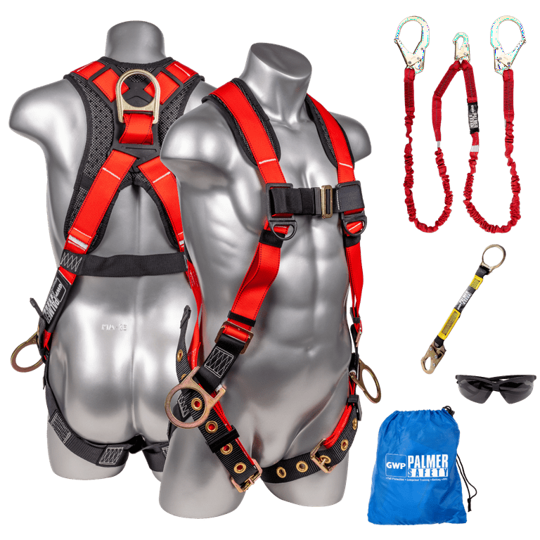 Palmer Safety Fall Protection Safety Harness Kit I 5pt Full Body, 6' Double  Lanyard, 18 D-Ring Extender I Dorsal & Sides D-ring I OSHA ANSI Compliant  Personal Equipment (Red - Universal) 