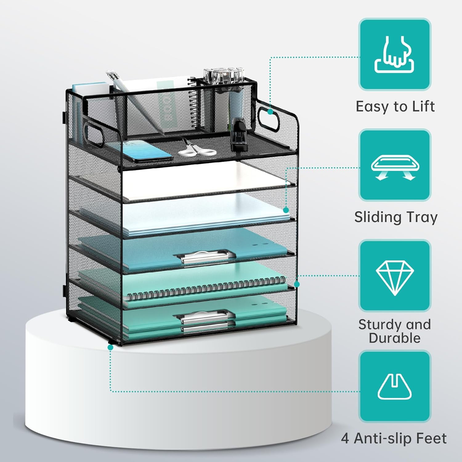 INTIGE 6-Tier Metal Desk Organizer, File Organizer with 3 Pen Holders and Handle, Black,1 Pcs