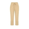 thumbnail image 3 of FRSASU Capris Pants for Women Cotton Linen Casual Summer Straight Wide Leg Loose Drawstring Elastic Waist Cropped Trouser Khaki, 3 of 4