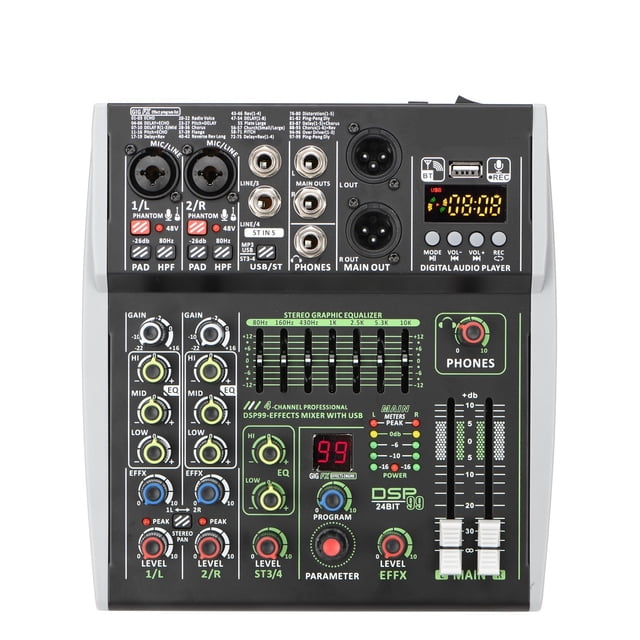 4/6 Channels Individual 48V Phantom Power E 99 DSP Effects USB Computer Play Record Podcast Audio Mixer