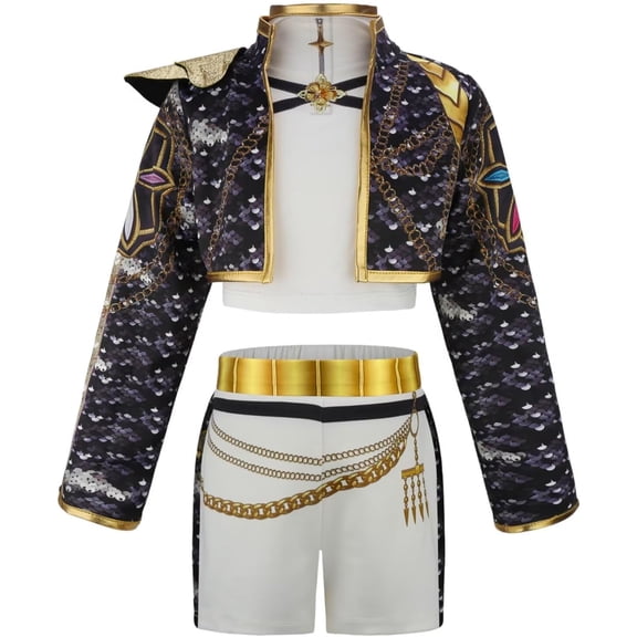 Guvpev G'irl's 3-Piece Pop Idol Group Cosplay Costume Set, Popular Singers Stage Performance Outfits, Cropped Jacket Top and Shorts, Halloween Cosplay Dress Up