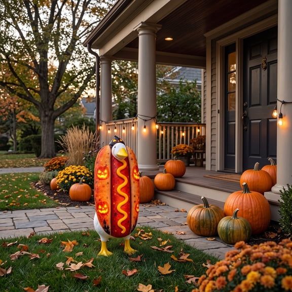 AZXY Porch Goose Outfits, 23 Inch Halloween Ghost Pumpkin Hot Dog Themed Costume for Cement & Plastic Porch Goose Statue, Holiday Goose Clothing for Outdoor Garden Yard Lawn Patio Statue Decoration