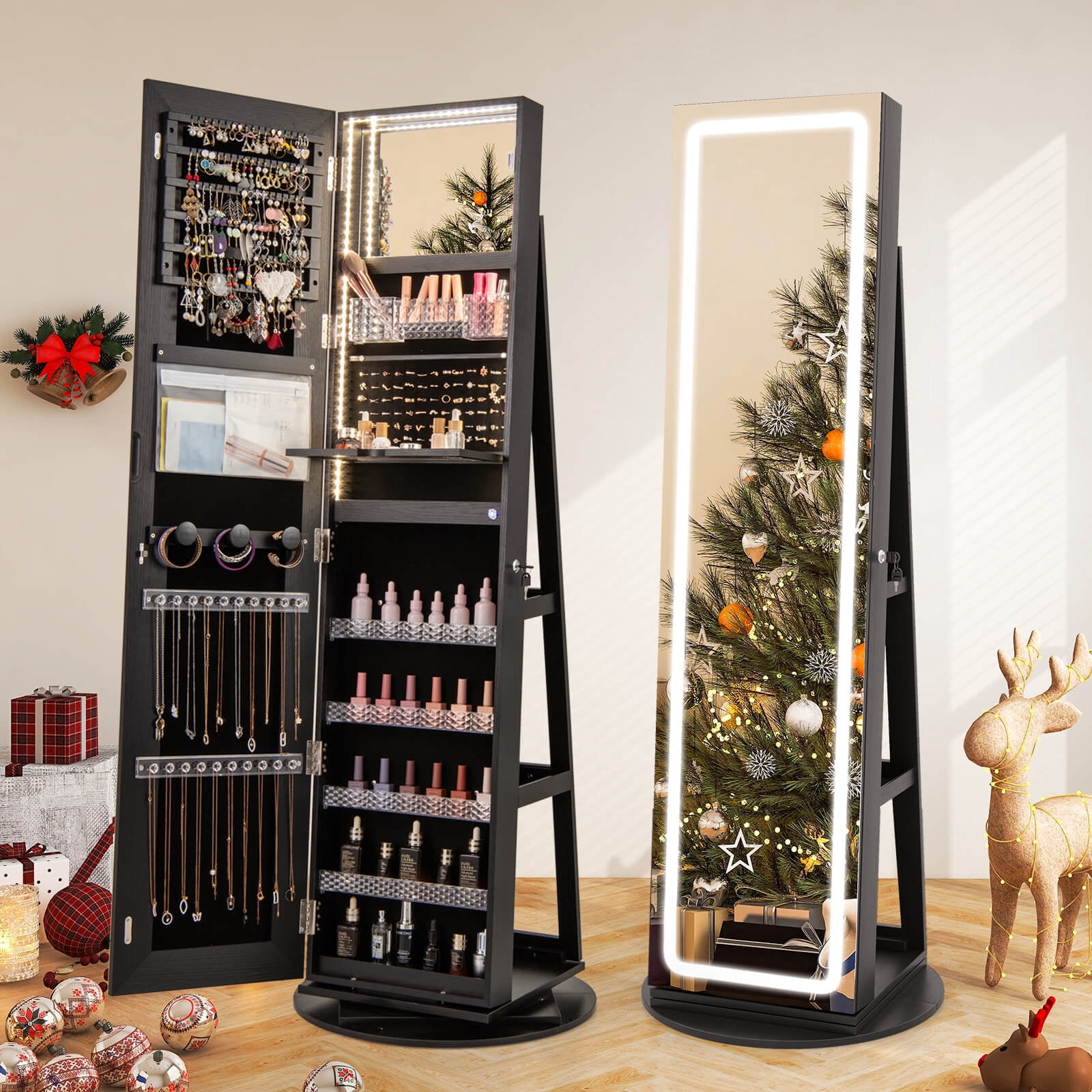 Costway 360° Swivel Jewelry Cabinet Organizer 3-Color LED Mirror with Built-in Lights Black