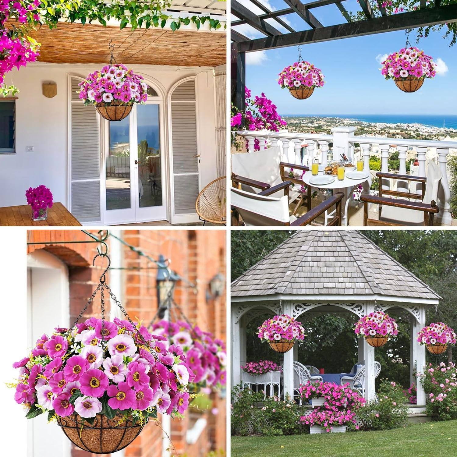Artificial Fake Hanging Flowers Baskets for Outdoors Spring Summer Decoration Faux Silk Colorful Daisy UV Resistant for Garden Porch Home Patio Balcony Decor