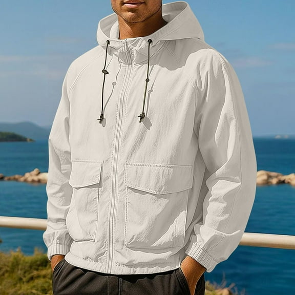 Handshe Men's Work Jacket, Long Sleeve with Zippered Pockets and Hood, Sun Protection Sportswear for Fitness Outdoor Casual Wear