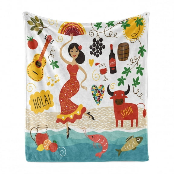 Spain Soft Flannel Fleece Throw Blanket, National Elements Design Bull Guitar and Flamingo Dancer Cartoon Style Composition, Cozy Plush for Indoor and Outdoor Use, 60" x 80", Multicolor, by Ambesonne