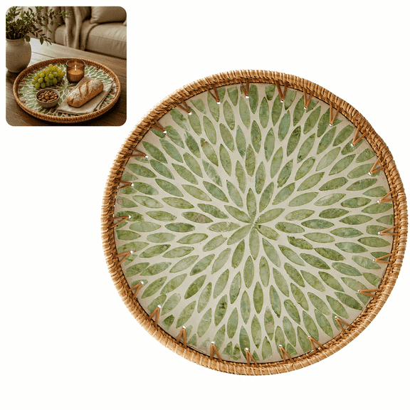 Round Rattan Tray with Mother of Pearl Inlay, Decorative Woven Serving Tray with Wooden Base, Rattan Fruit Bread Snack Coffee Table Tray for Kitchen Dining Table Home Decor (Leaf)