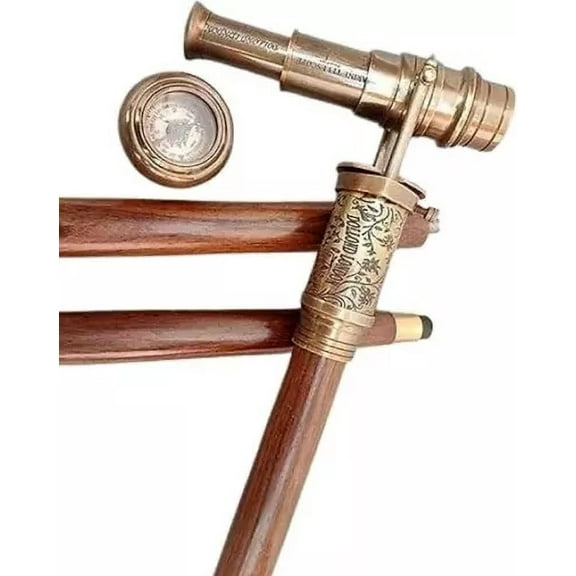Vintage Telescope Compass Brass Handle stick wood walking stick Victorian Wooden Walking Stick Cane