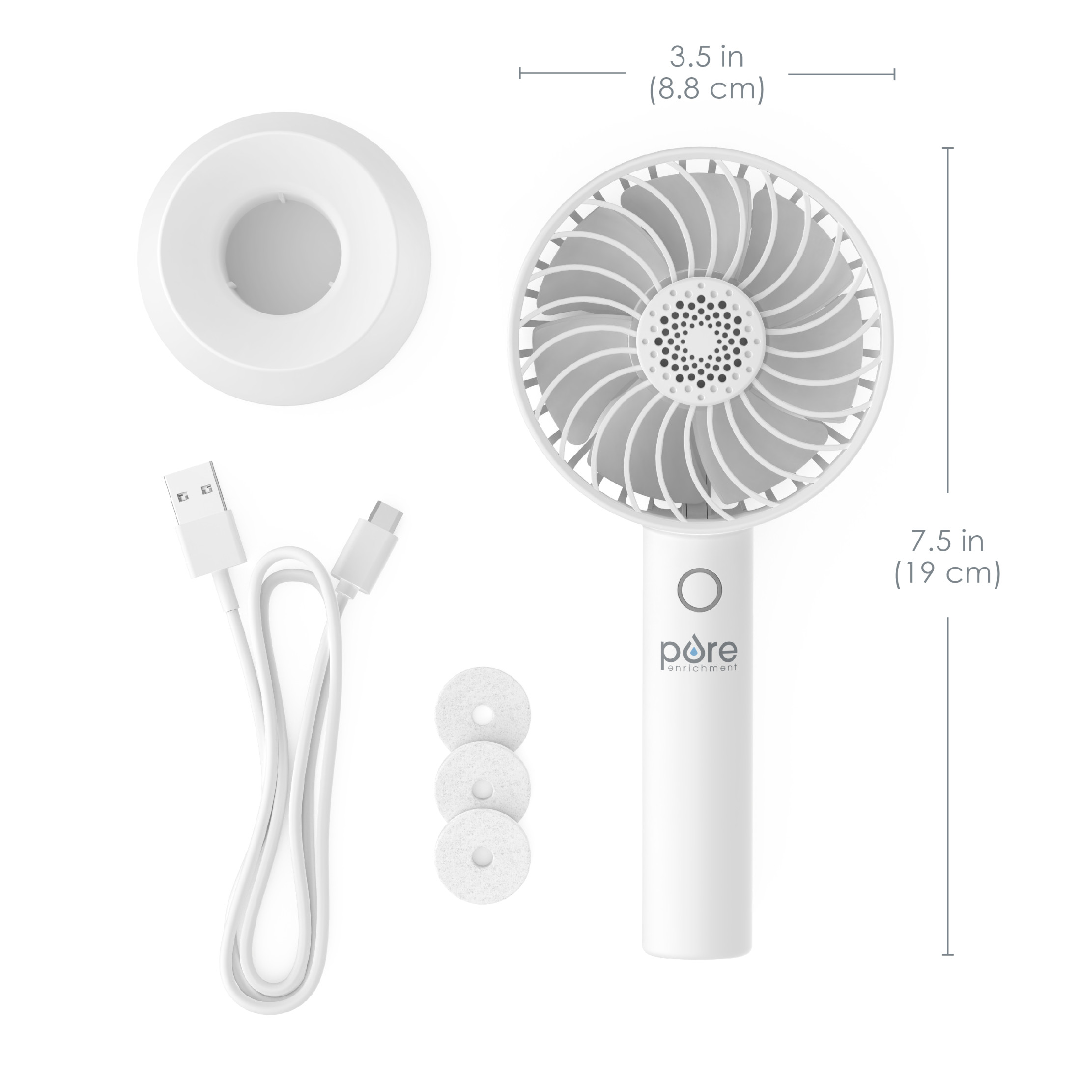 Pure Enrichment PureBreeze Personal Handheld Fan with Base - 3 Fan Speeds, Built-In Rechargeable Lithium-Ion Battery, Lightweight Portable Design, Soothing Optional Aromatherapy Tank, USB Charger