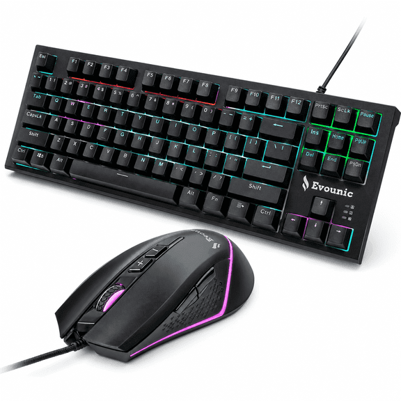 Evounic Gaming Keyboard and Mouse Combo, 87 Keys RGB LED Backlit Mechanical Keyboard, 6400 DPI Ergonomic Wired Gaming Mouse with 7 Buttons, Plug & Play for PC Laptop Gamer