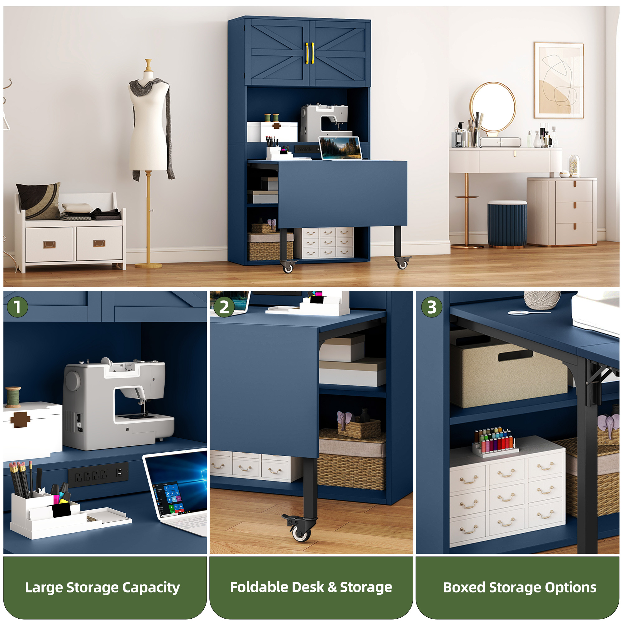 Uforic Foldable Sewing Machine Table & Desk w/ Craft Storage and USB Power Outlets - Blue
