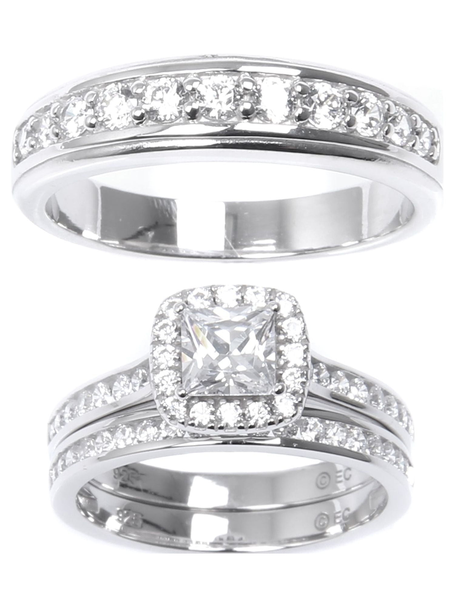 Brilliance Fine Jewelry Cushion Cut Simulated Diamond Engagement Ring Trio Set in Sterling Silver
