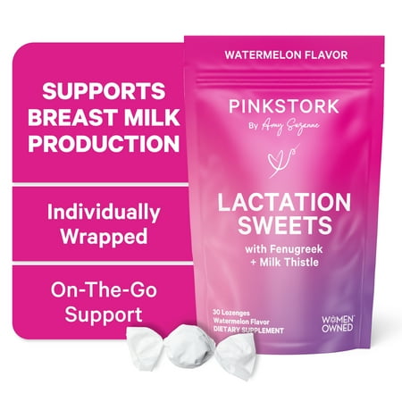 Pink Stork Lactation Sweets: Lactation Supplement to Support Breast Milk Production + Supply, Fenugreek + Milk Thistle for Breastfeeding Mothers, Women-Owned, 30 Watermelon Hard Lozenges