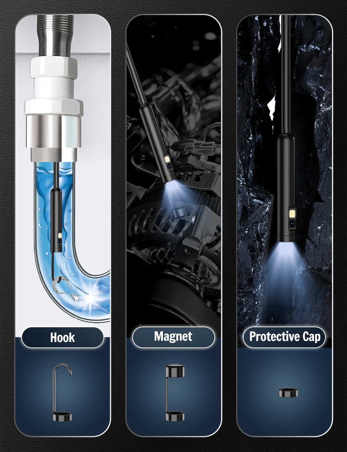1920P HD Dual Lens Industrial Endoscope IP67 with 8+1 Adjustable LED Lights (16.5 FT/5M)