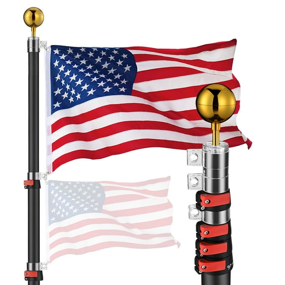 Yescom EZ GO 25ft Telescopic Flag Pole Kit Upgrade Rotating Lock for Outside Inground with 3x5' US Flag Ball Top Black