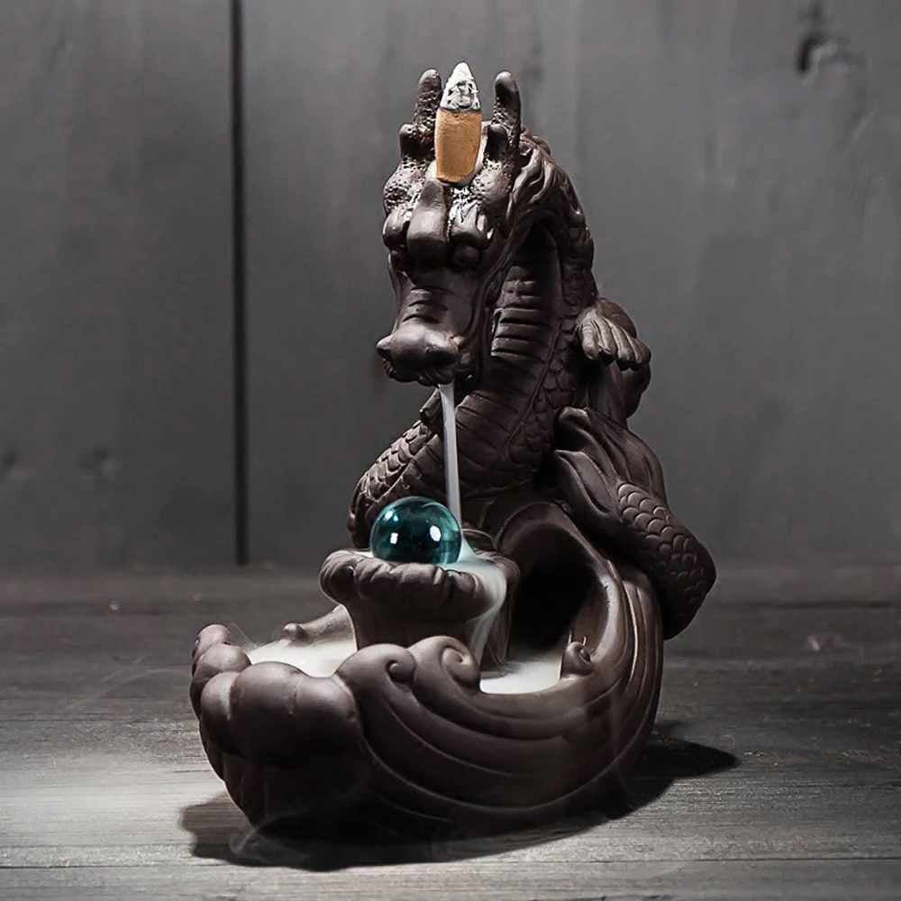 Dragon Shape Ceramic Smoke Backflow Waterfall Incense Burner Censer Holder Decor 