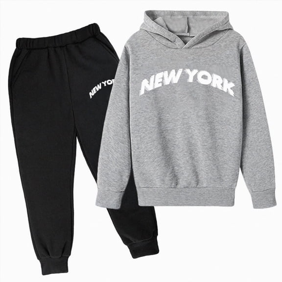 Young Boys Clothes Long Sleeve Hooded Pullover Solid Color Sweatshirt With Pockets Pants 2pcs Fall Winter Outfit Set for 3-14 Years Boy,Dark Gray,7-8 Years