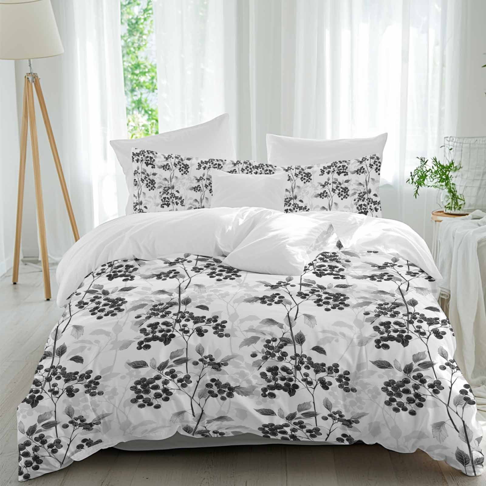 Black Gray Fruit Bedding 3 Piece Duvet Cover Set California King, Vintage Plant Nature Botanical Flower Soft Microfiber Comforter Cover with Zipper Closure & Pillowcases, FadeResistant Quilt Cover