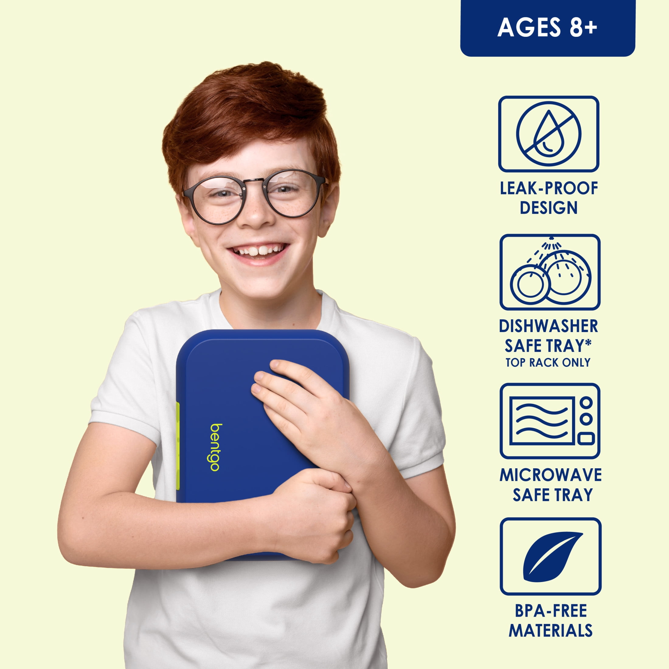 Bentgo® Pop - Leak-Proof Lunch Box & Removable Divider for Ages 8+ & Teens - Lunch Container Holds 5 Cups of Food; 3-4 Compartments; Microwave/Dishwasher Safe; 2 Year Warranty (Navy Blue/Chartreuse)