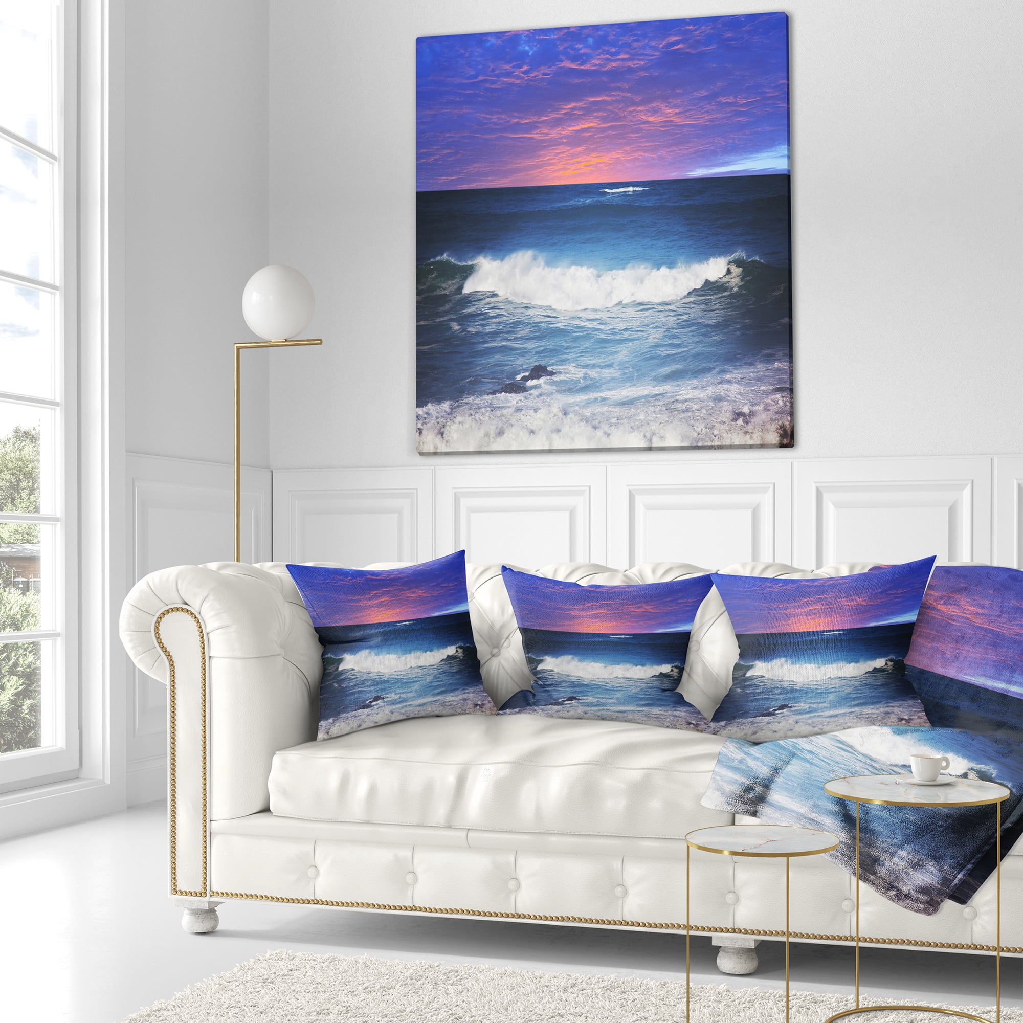 Designart Troubled Sunset Sea under Blue Sky - Seashore Throw Pillow - 18x18
