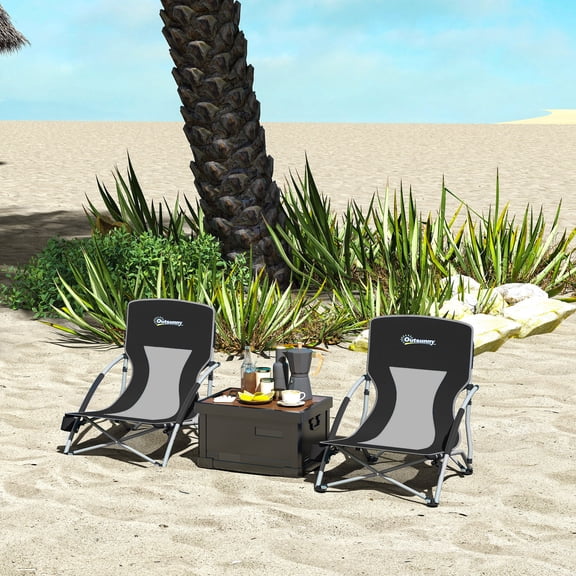 Outsunny Set of 2 Folding Beach Chair, Beach Chairs with Mesh Back, Carry Bag and Cup Holder for Outdoor Camping Lawn Sports Picnic, Black