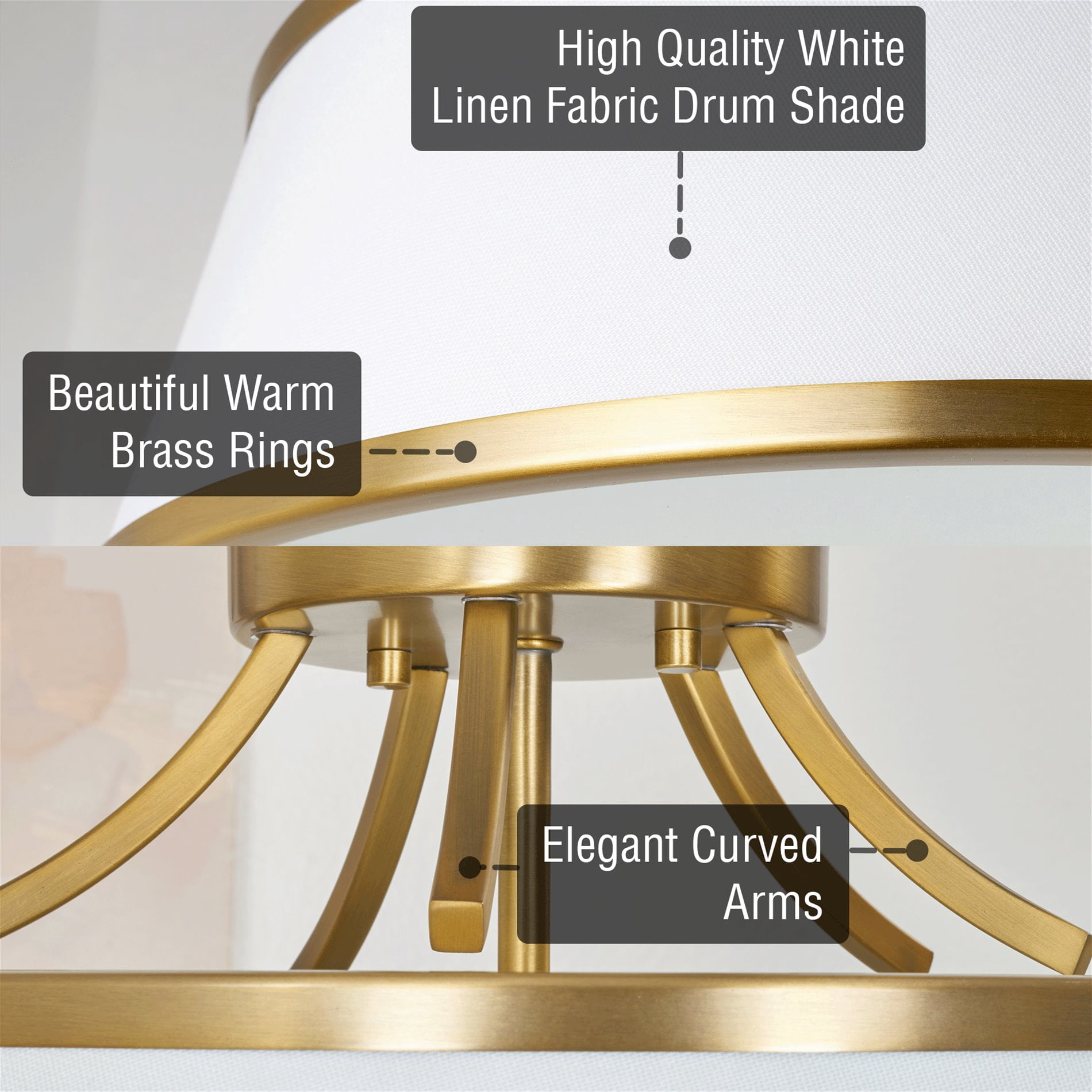 Kira Home Zoey 18" Modern Gold Semi Flush Mount with White Tapered Fabric Shade, 3-Light Ceiling Light, Warm Brass