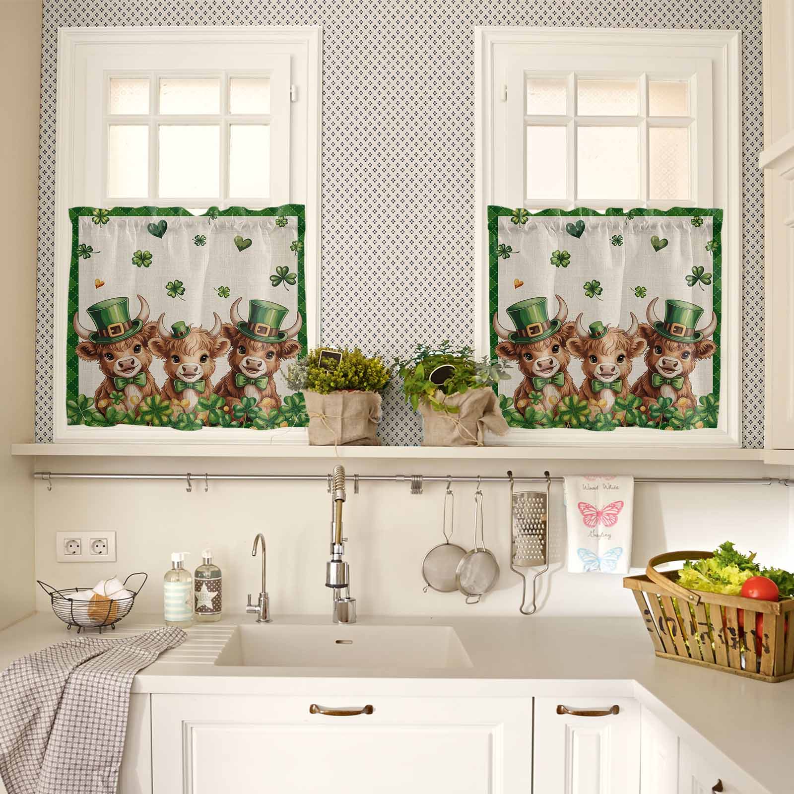 St. Patrick's Day Kitchen Curtains Valances and Tiers Set of 3 Watercolor Green Hat Cow Shamrock Love Linen Texture Tier Curtains and Valance Rod Pocket Valance Curtains Set s 36 Inch Length