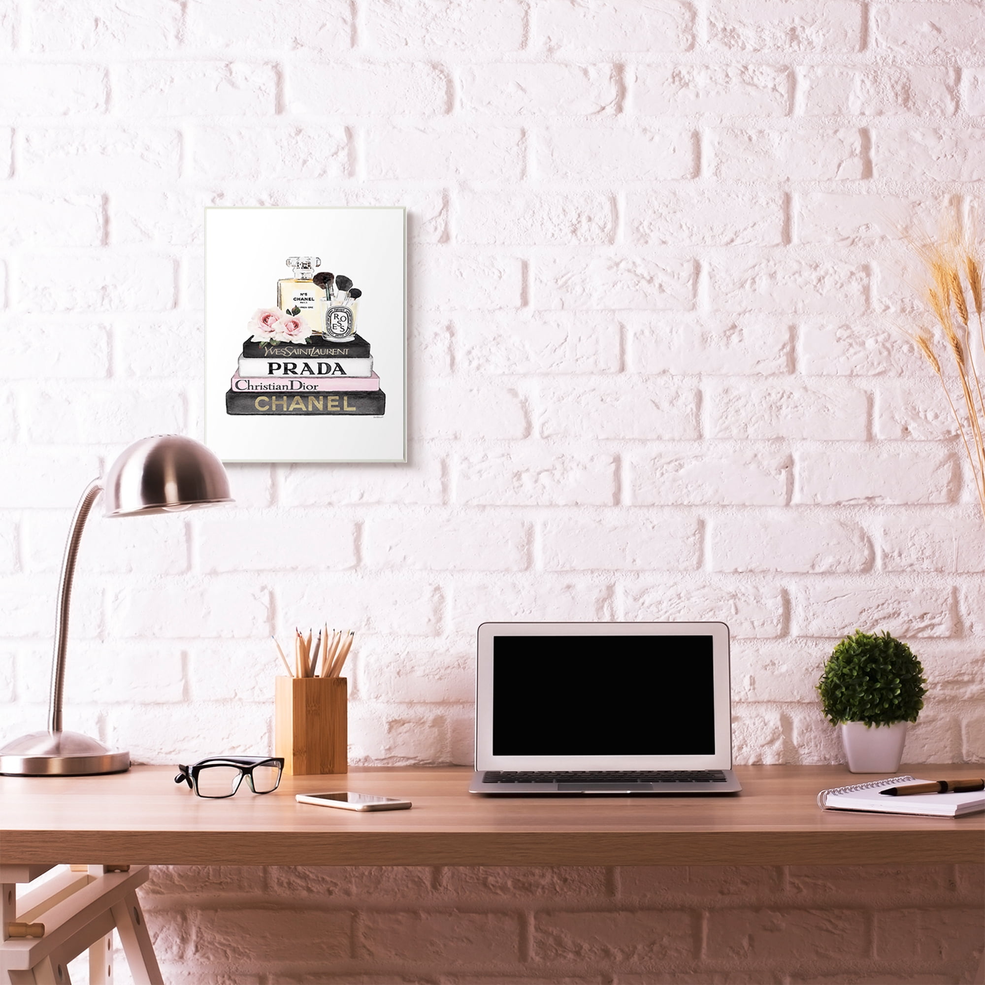 Stupell Industries Fashion Designer Flower Makeup Bookstack Black Pink Watercolor Wall Plaque by Amanda Greenwood