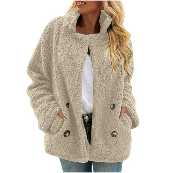 Fnooota Women's Fleece Jackets, Stand-up collar Loose Fit Lightweight Warm Winter Outerwear Khaki Size S-2XL