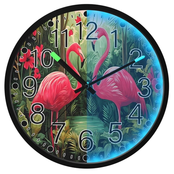 Ryvnso Flamingo Tropical Rainforest 12 Inch Night Light Wall Clock Silent Battery Operated Luminous Clocks