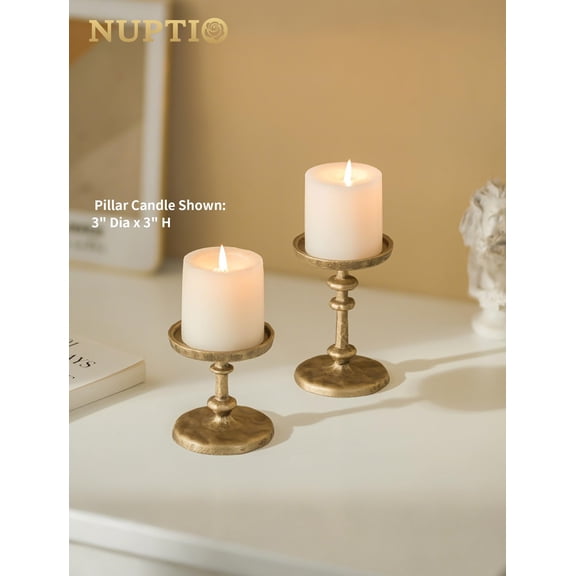 NUPTIO Pillar Candle Holder Antique Brass Cast Iron Candleholder for 3 Inch Pillars - Heavy Metal Candle Stand, Gold Candle Holders for Christmas Party Table Decor