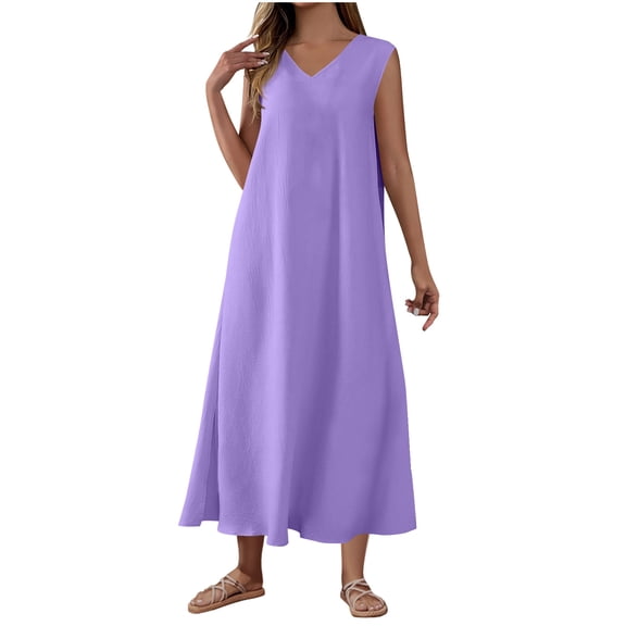 Kukoosong Women's Spring Summer Sundress Sleeveless V-Neck Tea-Length with Side Slit Casual Solid Color Dresses