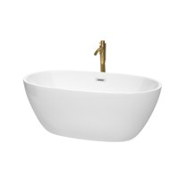 Juno 59 Inch Freestanding Bathtub in White with Polished Chrome Trim and Floor Mounted Faucet in Brushed Gold