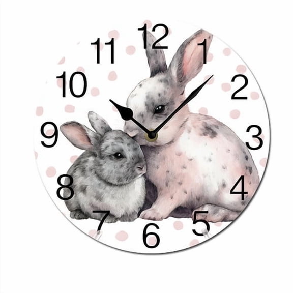 ZXCXRQFa Cute Animal Bunny With Flower Leaves Wooden Silent Non-Ticking 10 Inch Round Clocks Battery Operated Analog for Living Room Kitchen Bedroom Bathroom Office Home School Decor